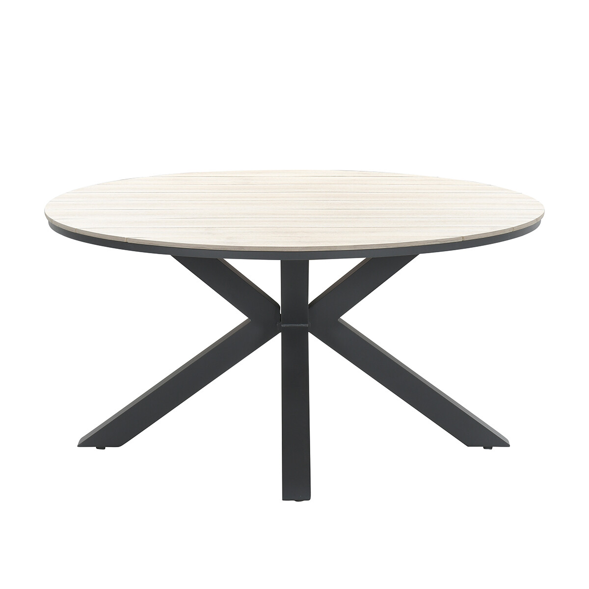 Een ronde tafel met een licht houten blad en een donker metalen stervormig onderstel.