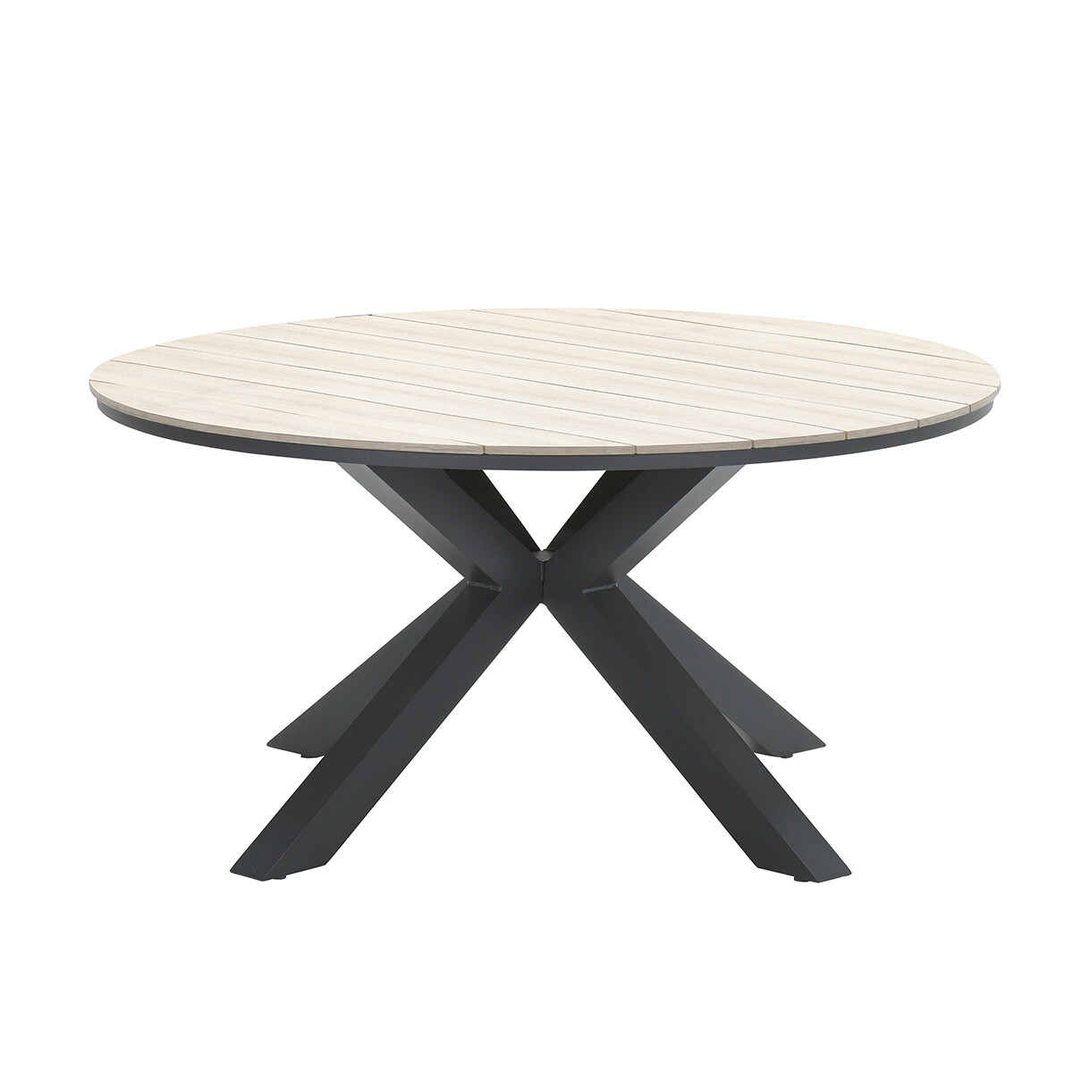 Ronde tafel met houten lamellenblad en donker X-vormig metalen onderstel.