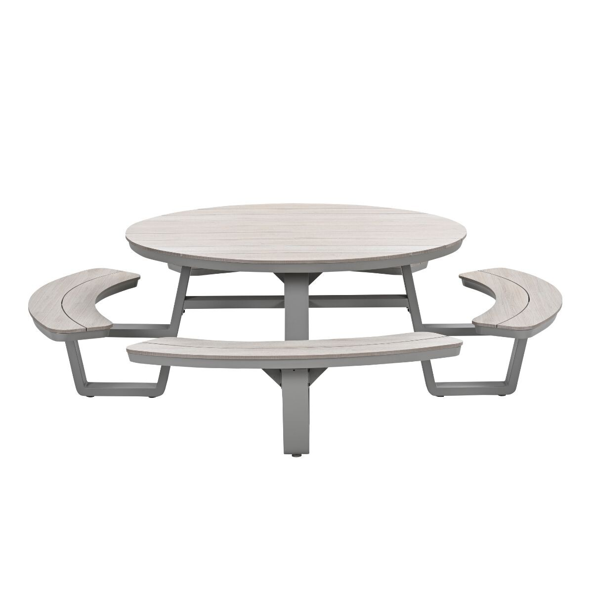 A round table with grey metal legs and wood slat benches.