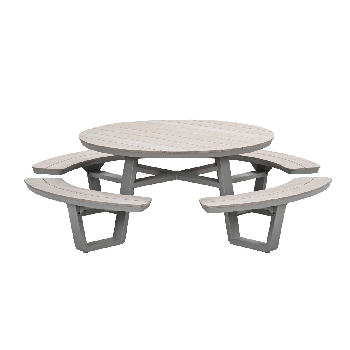A round picnic table with faux wood slats and integrated benches, all in gray.