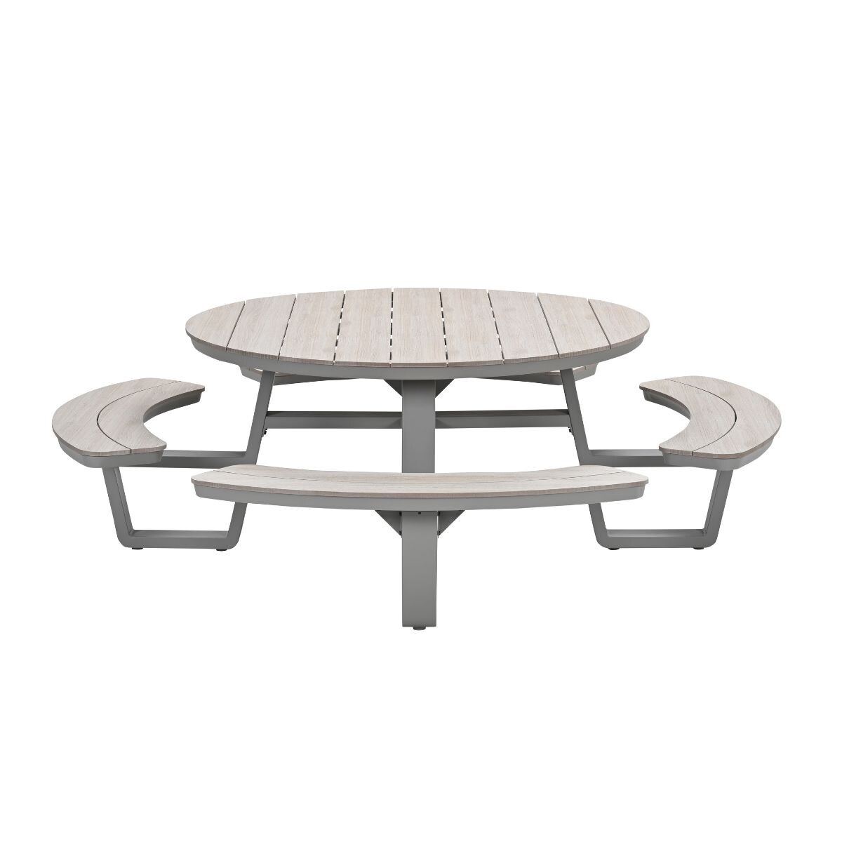 A round wooden table with attached benches, all on a grey metal frame.