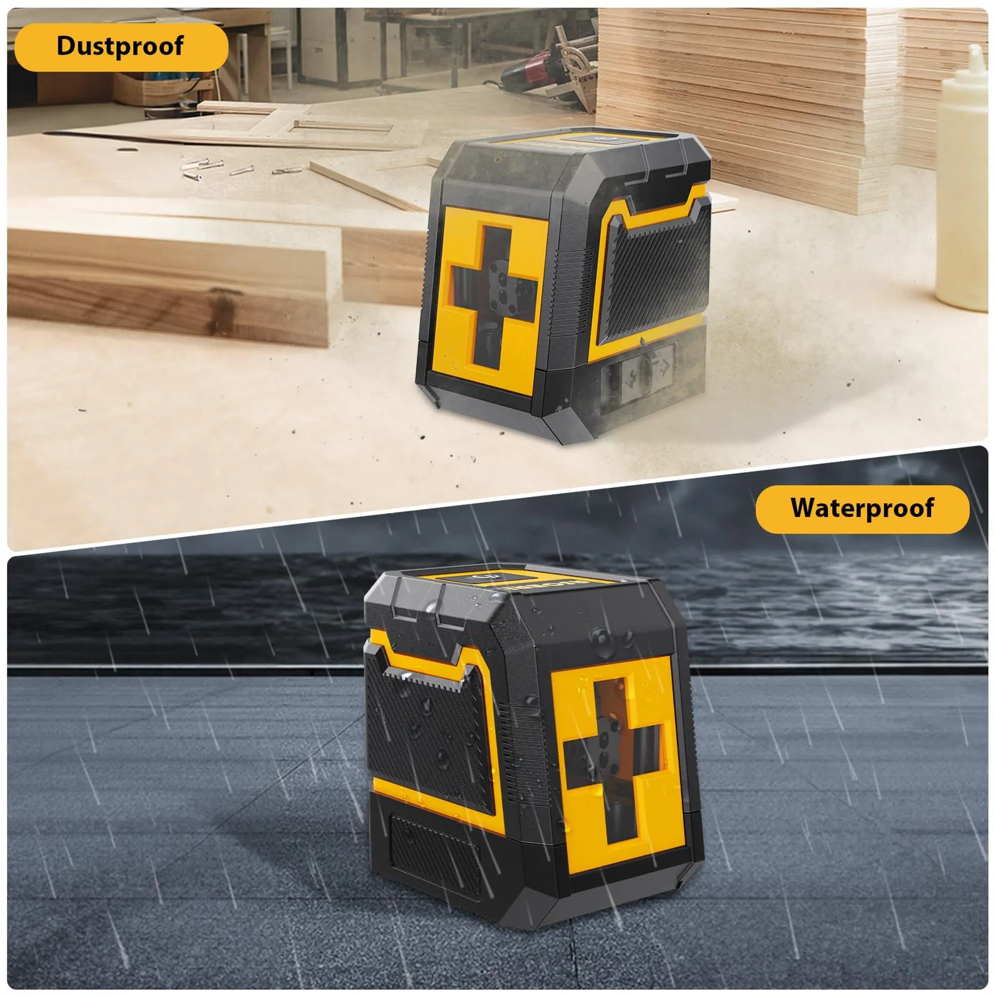Laser-Wasserwaage: staub- und wasserdicht. Oben: im Holzwerkstatt. Unten: im Regen.