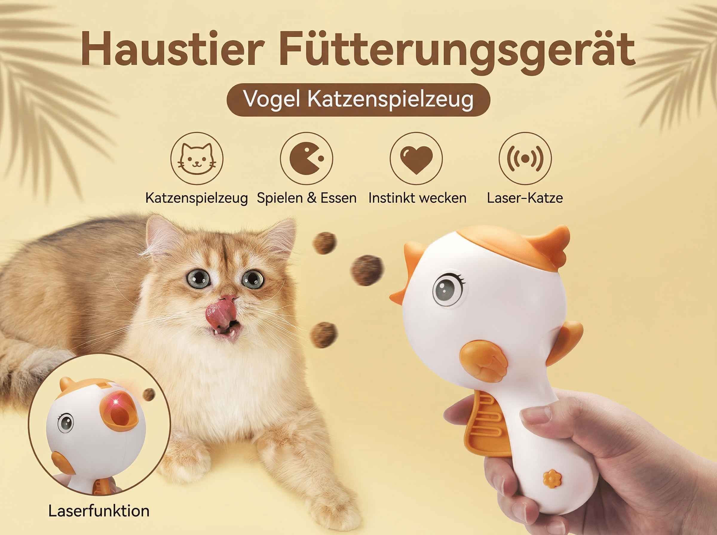 Ein Kätzchen leckt sich die Lippen, während ein Vogel-förmiges Spielzeug mit Laserfunktion gezeigt wird.