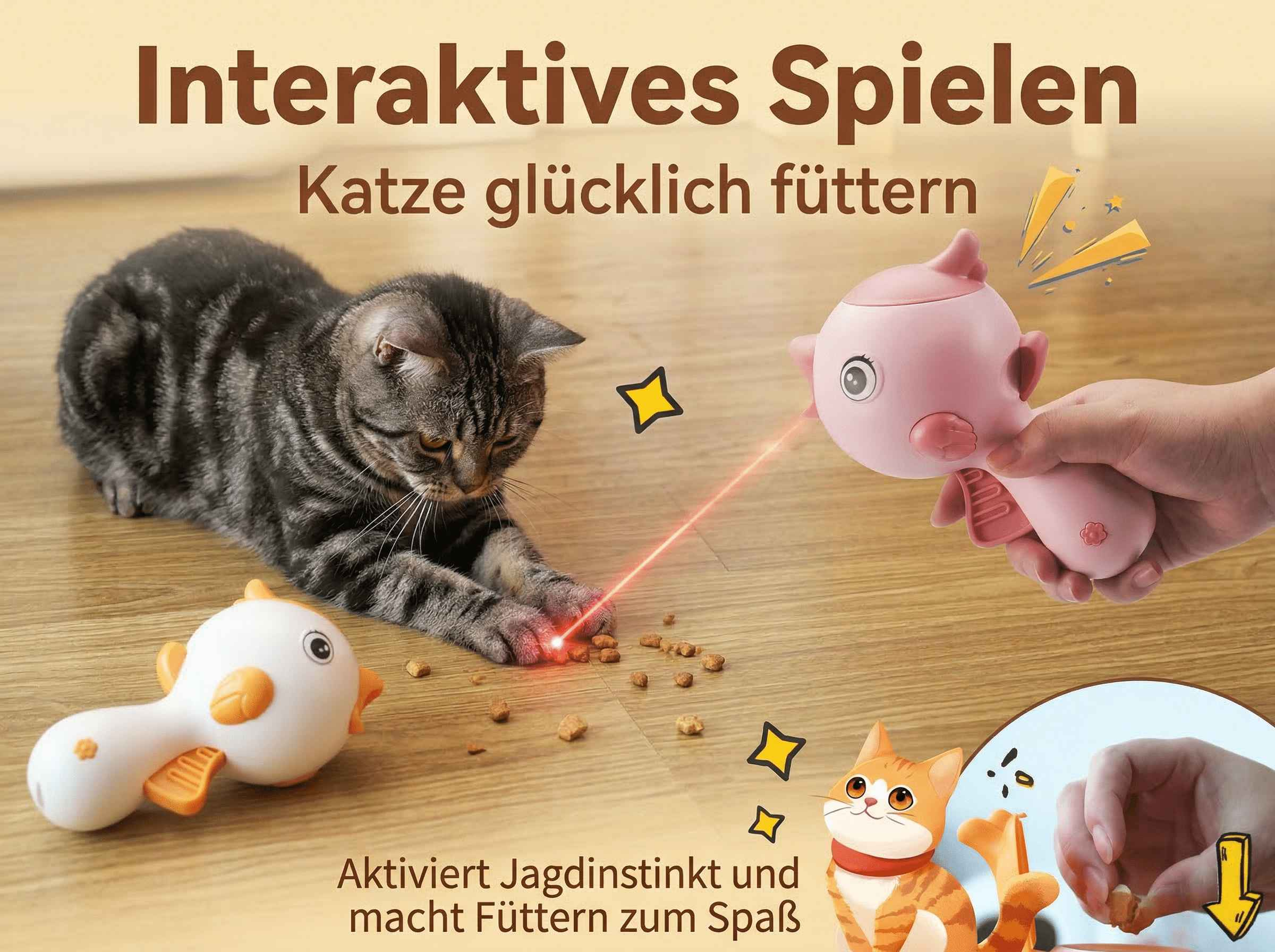 Eine Katze jagt einen roten Laserpunkt, der von einem Spielzeug ausgeht.