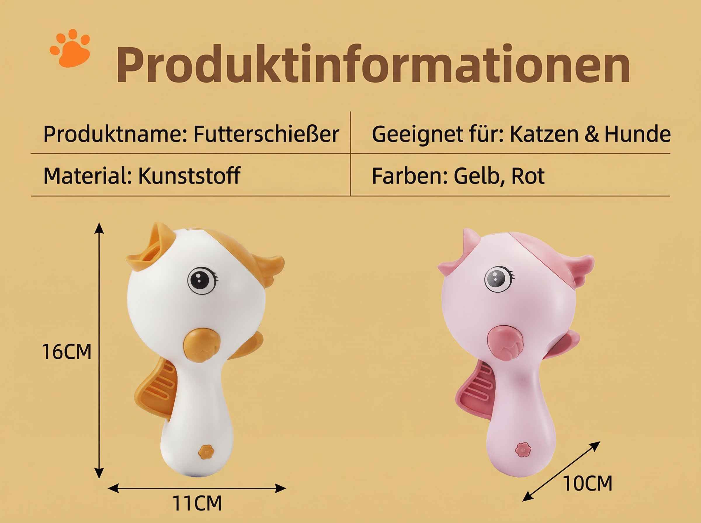 Zwei bunte Haustier-Spielzeuge: Ein gelbes und ein pinkes.