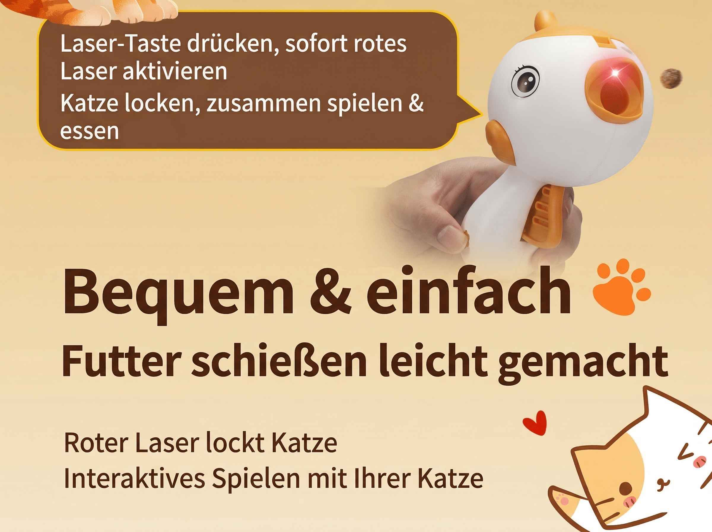 Ein weißes Spielzeug mit rotem Laser und Futterbällen daneben.