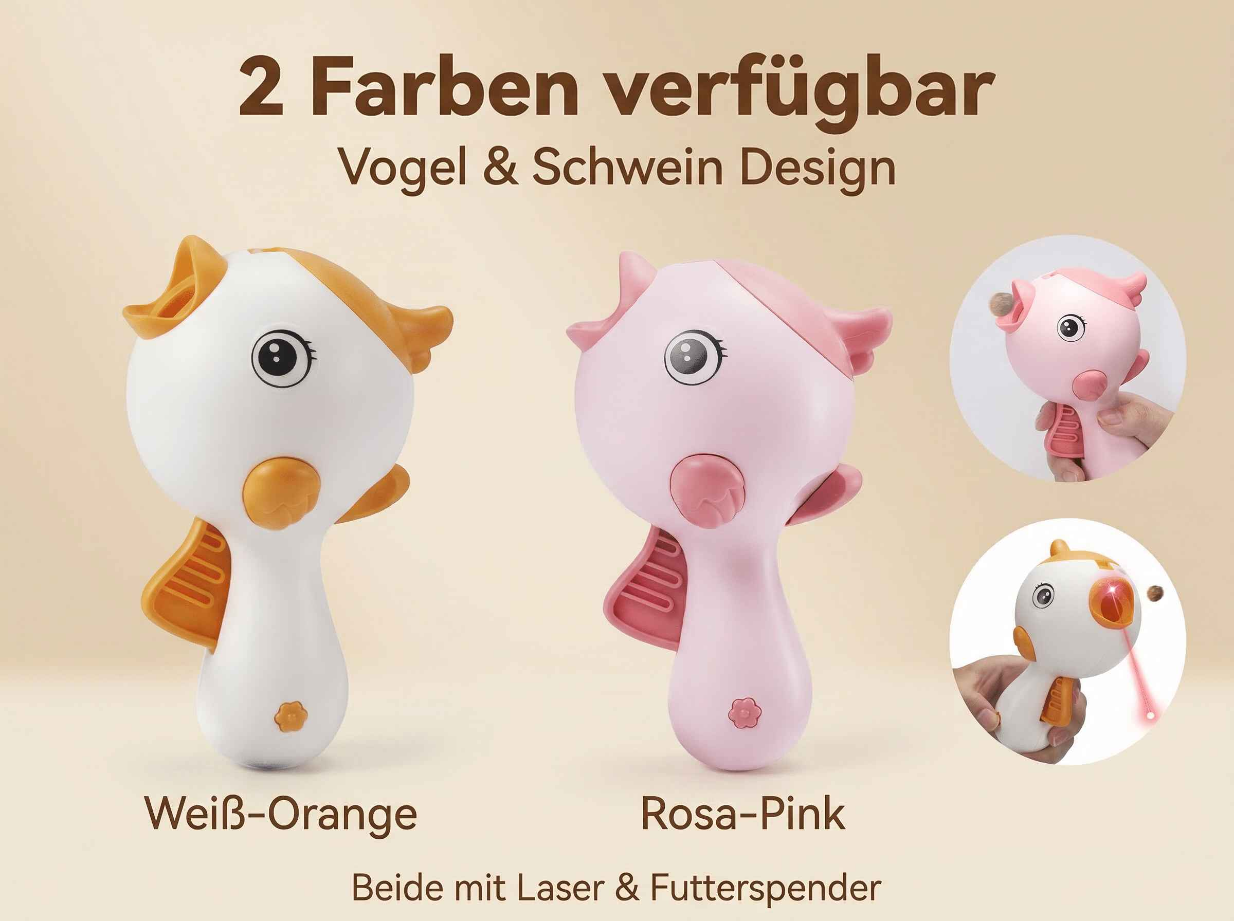 Zwei Spielzeuge: weiß-orange Vogel und rosa Schwein, beide mit Laser.