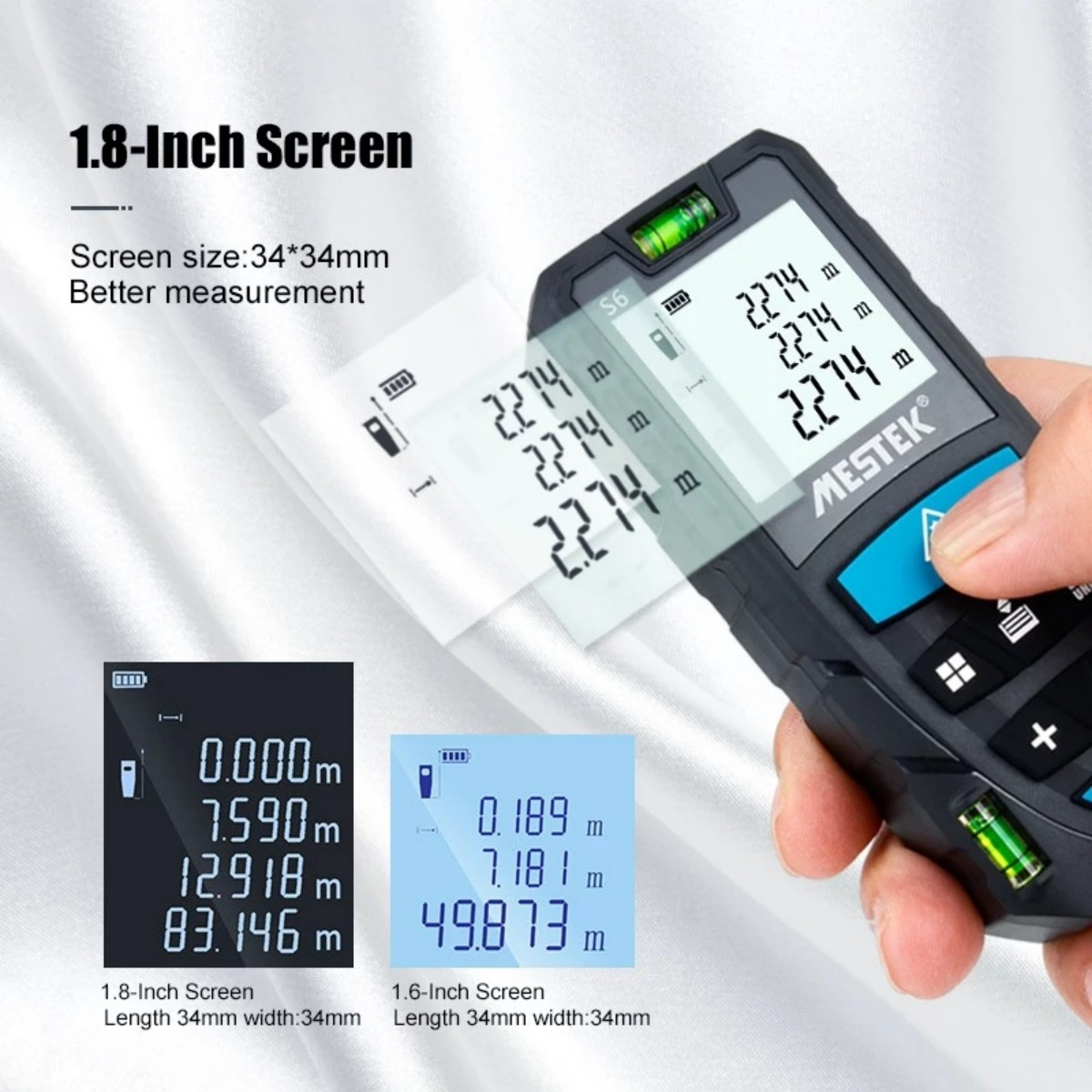 Ein Mann hält ein digitales Maßband mit einem 1,8-Zoll-Bildschirm, das Messwerte anzeigt.