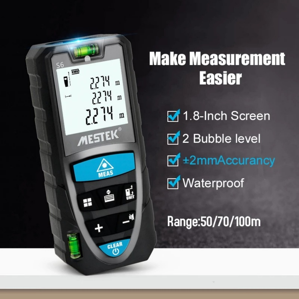 Digitaler Entfernungsmesser mit Display, Tasten und Wasserwaage.