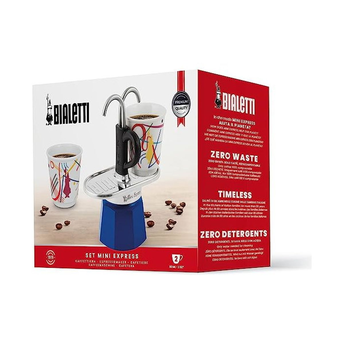 Niebieska kawiarka Bialetti z dwoma filiżankami, ziarnami kawy i informacjami o produkcie.