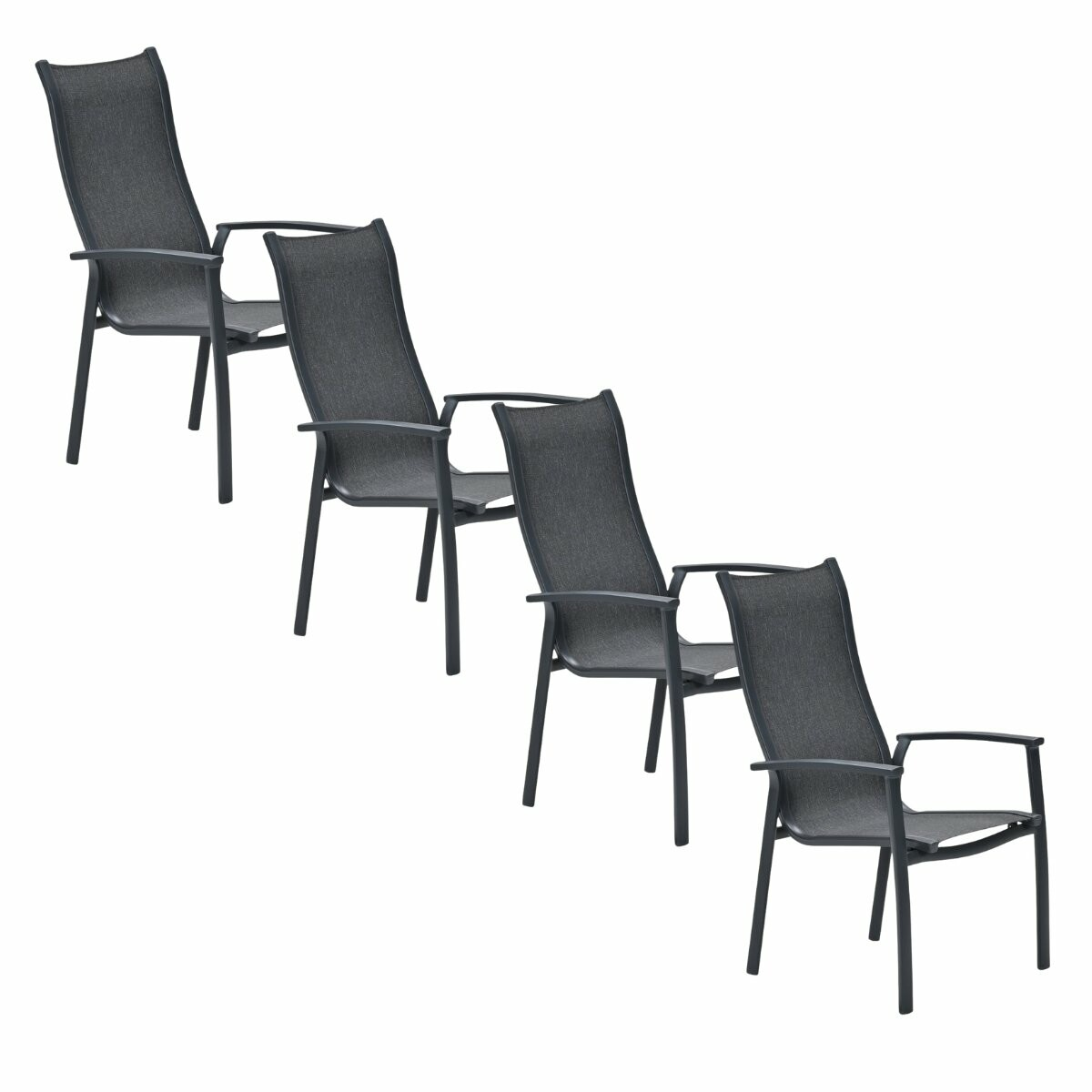 Vier grijze buitenstoelen met donkere stof op witte achtergrond.