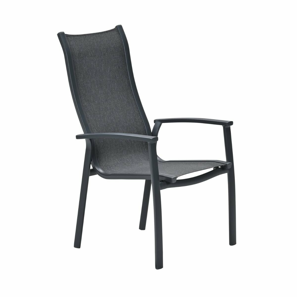 Een donkere, moderne tuinstoel met antracietkleurige stoffen zitting en zwart metalen frame.