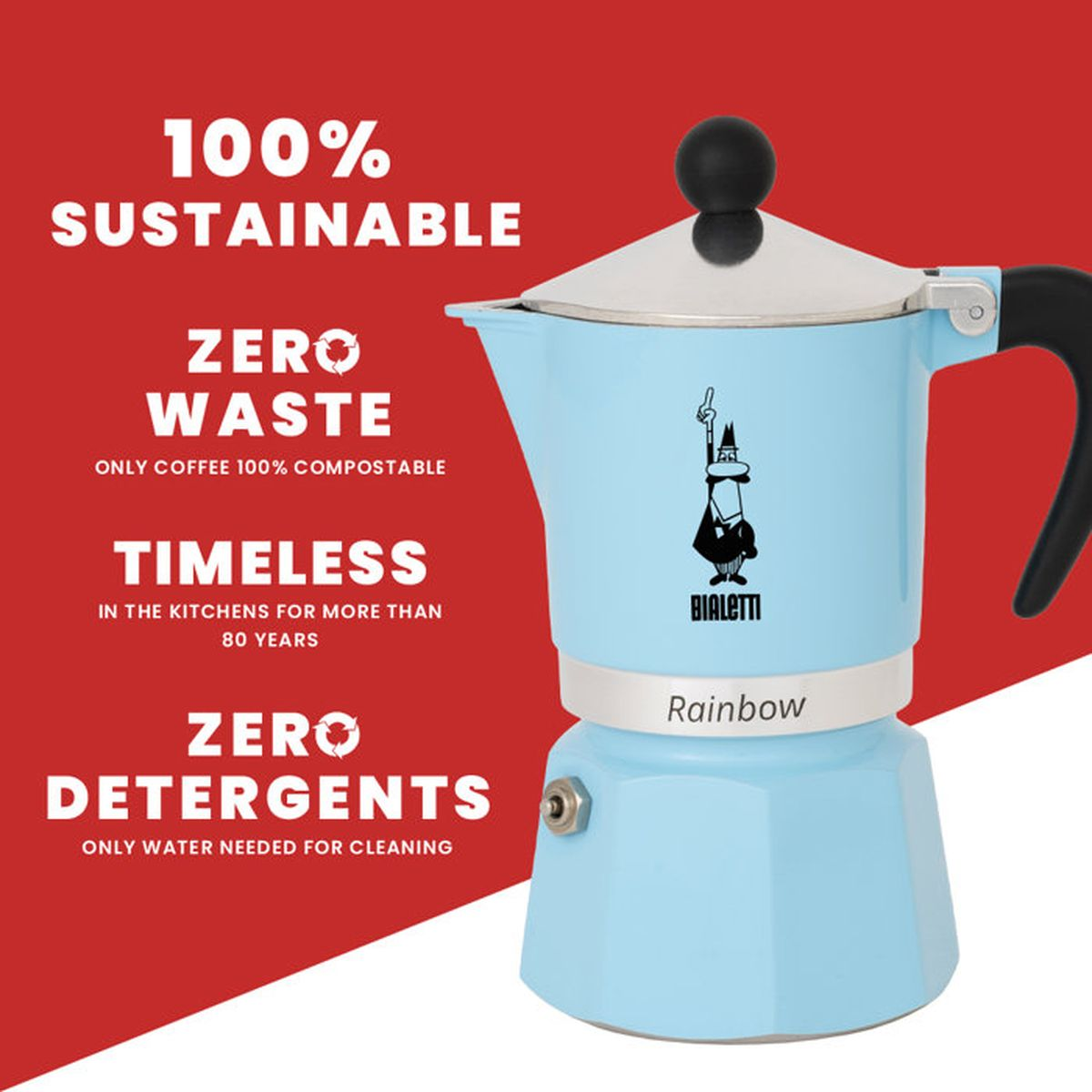Moka Bialetti azzurra con testo su sostenibilità, atemporalità e pulizia.