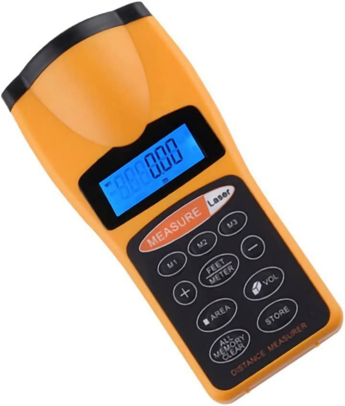 Ein orangefarbener Laser-Entfernungsmesser mit blauem LCD-Bildschirm und schwarzen Tasten.