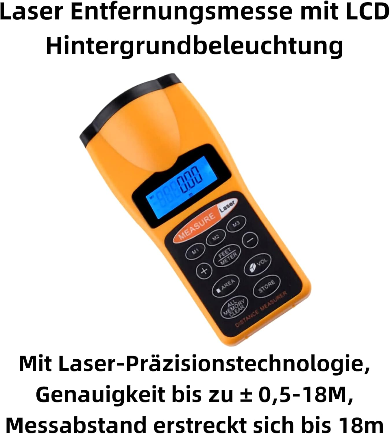 Ein orangefarbener Laser-Entfernungsmesser mit blauem LCD-Display und Tasten.