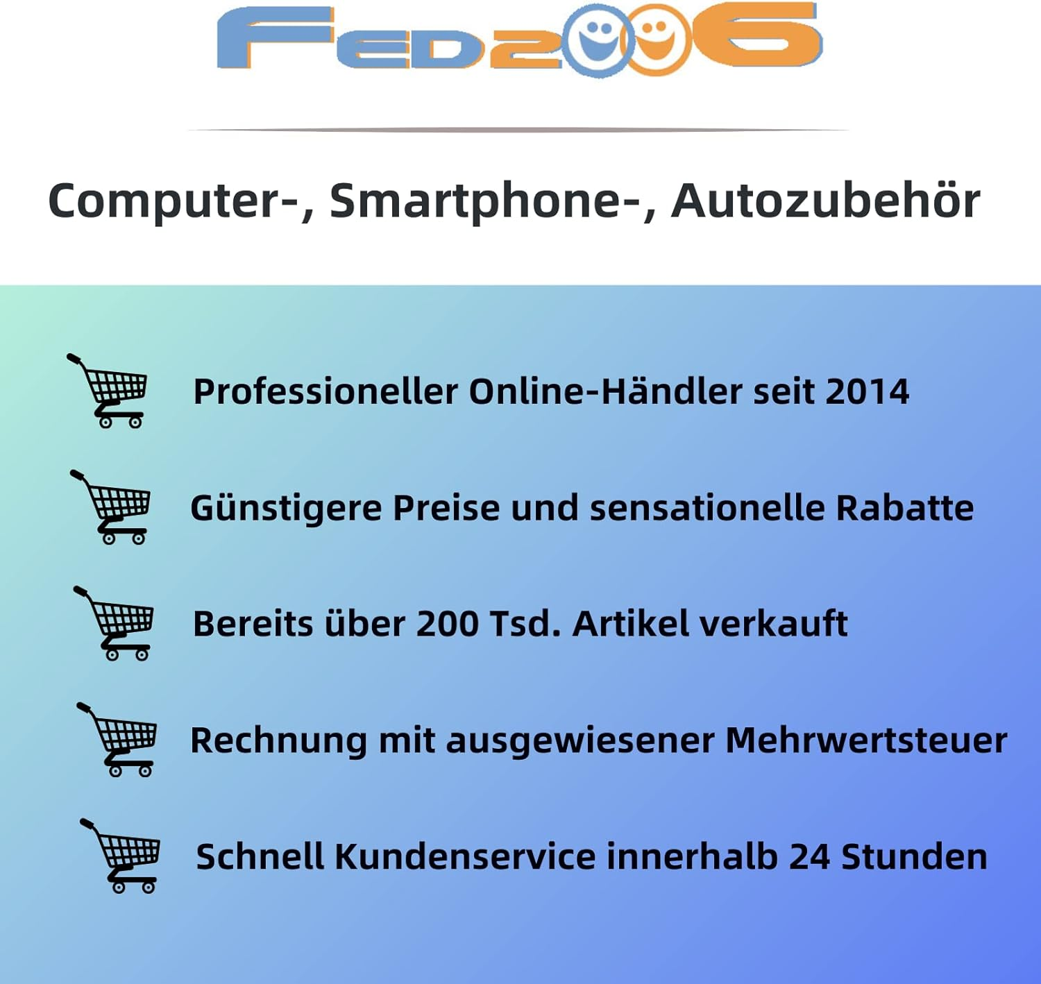 Computer-, Smartphone-, Autozubehör: Online-Händler seit 2014, tolle Preise, 200 Tsd. Artikel verkauft.