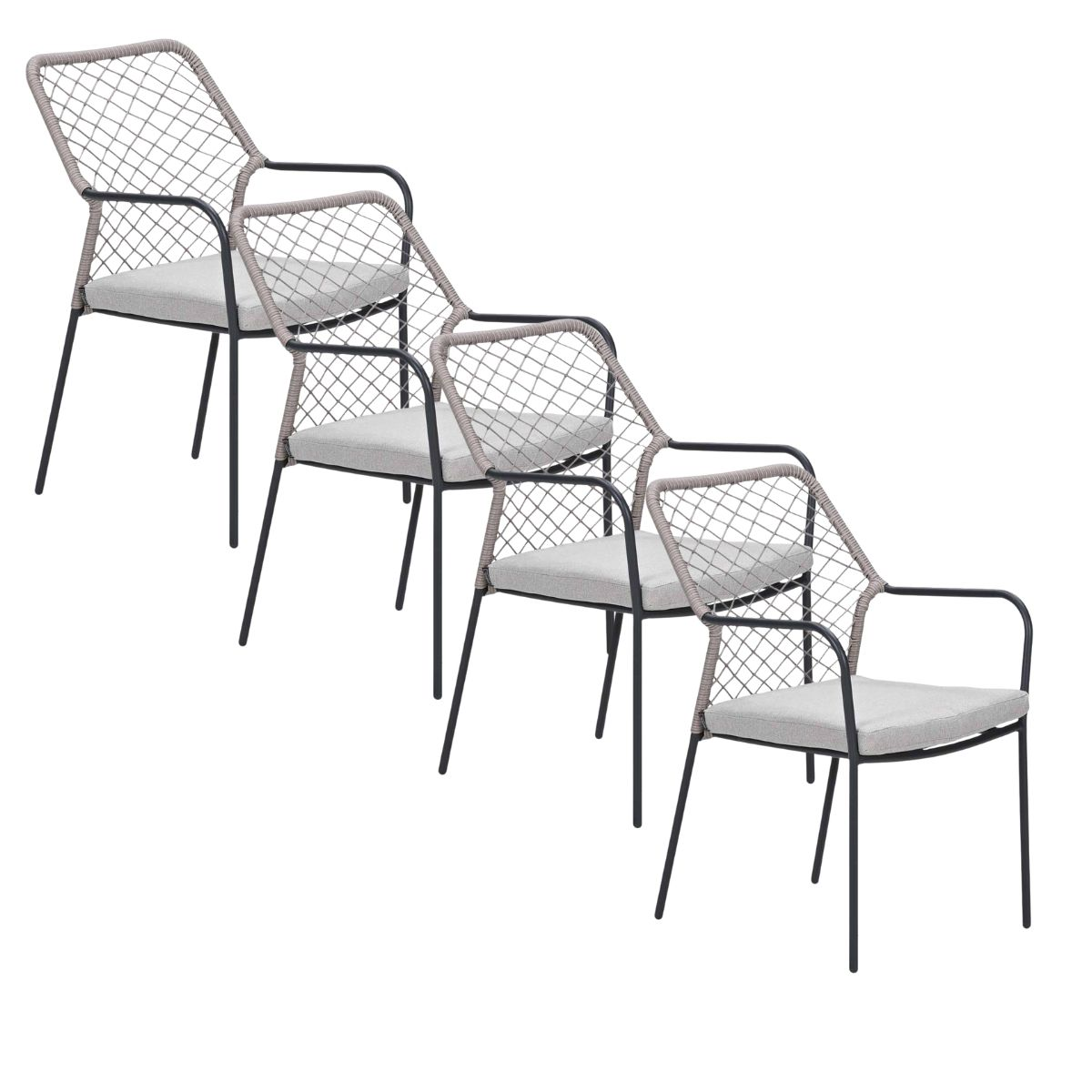 Vier grijze stoelen met zwarte poten en gevlochten rugleuningen diagonaal geplaatst.