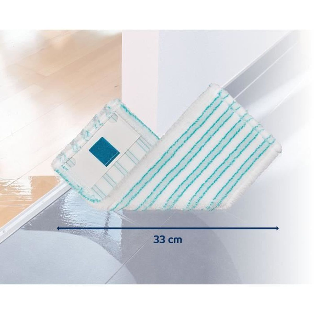 Una testa di mop bianca con strisce blu e un quadrato blu misura 33 cm.