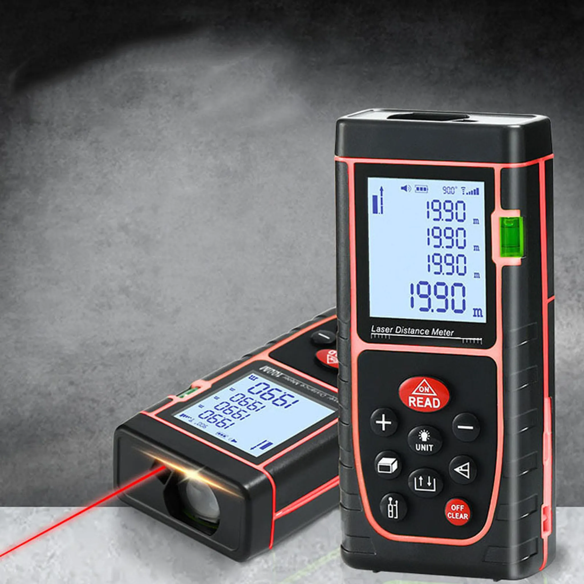 Zwei digitale Laser-Entfernungsmesser mit roten Akzenten auf grauem Hintergrund.