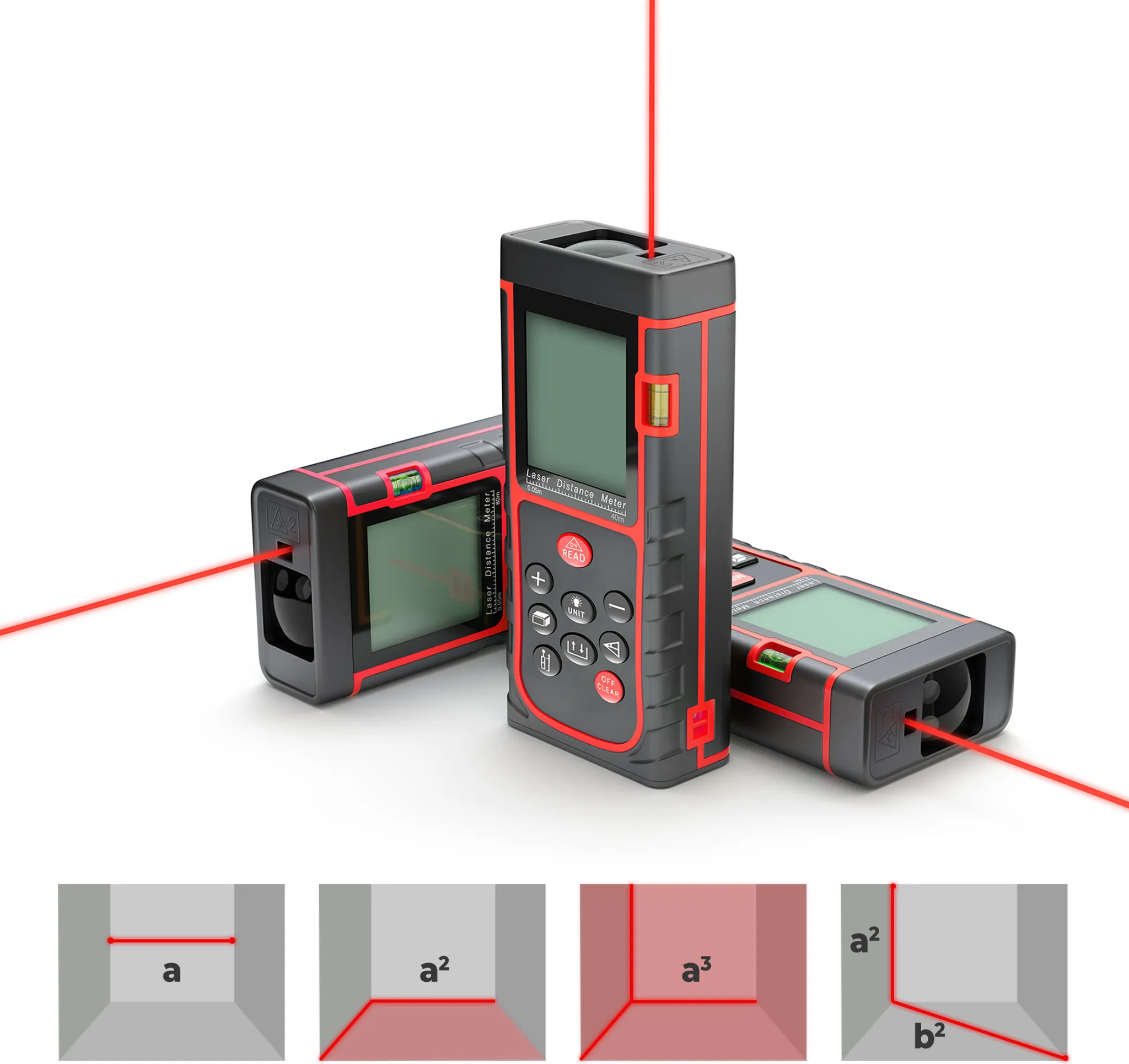 Drei Laser-Distanzmesser mit roten Laserstrahlen und grafischen Darstellungen von Volumen.