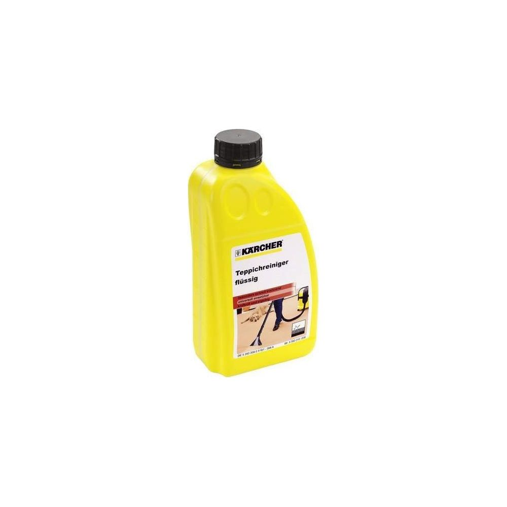 Gelbe Kärcher Flasche mit Teppichreiniger, schwarzer Deckel.