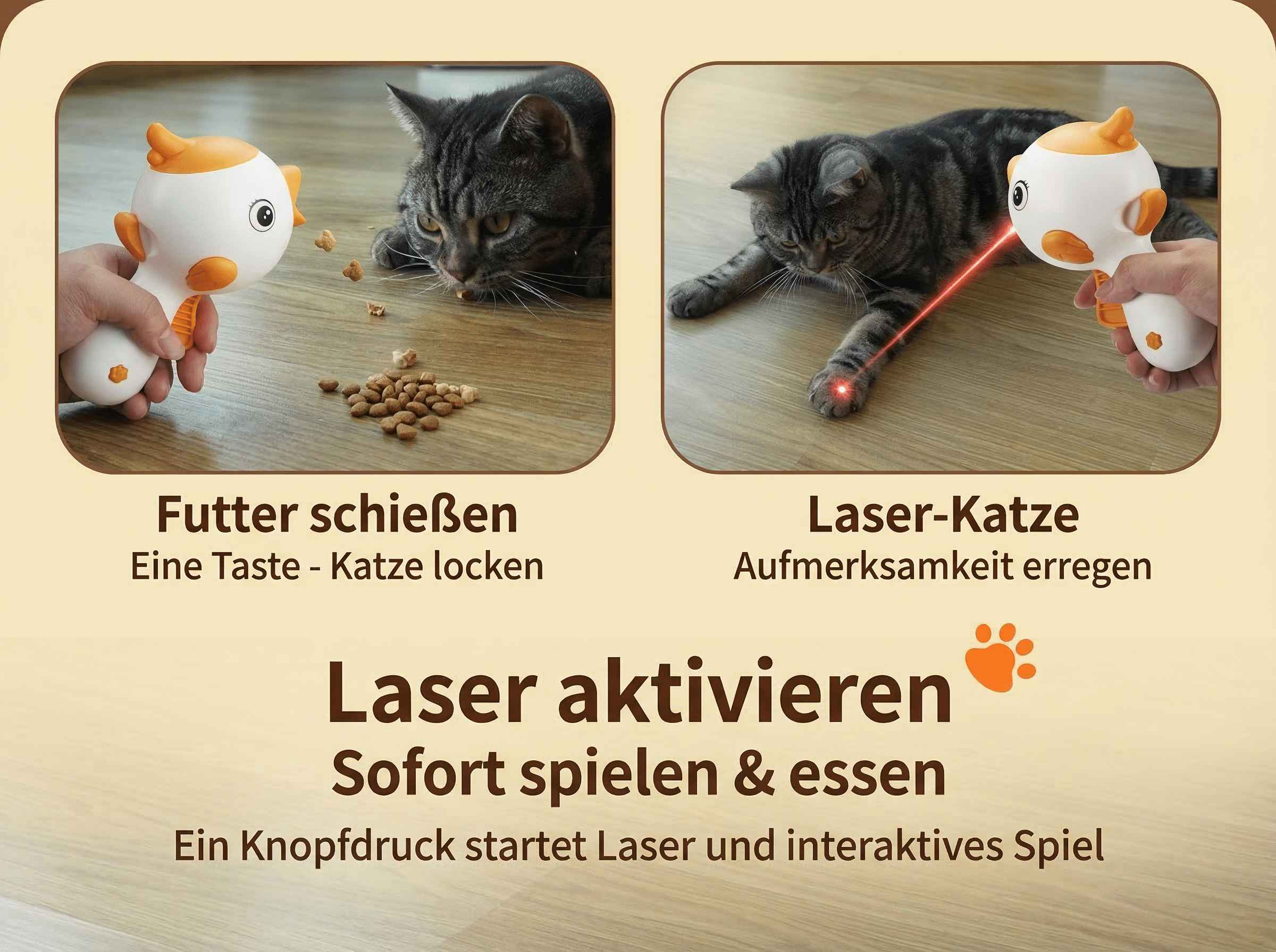 Katzenfutterspender mit Laserpointer, der eine Katze zum Spielen animiert.