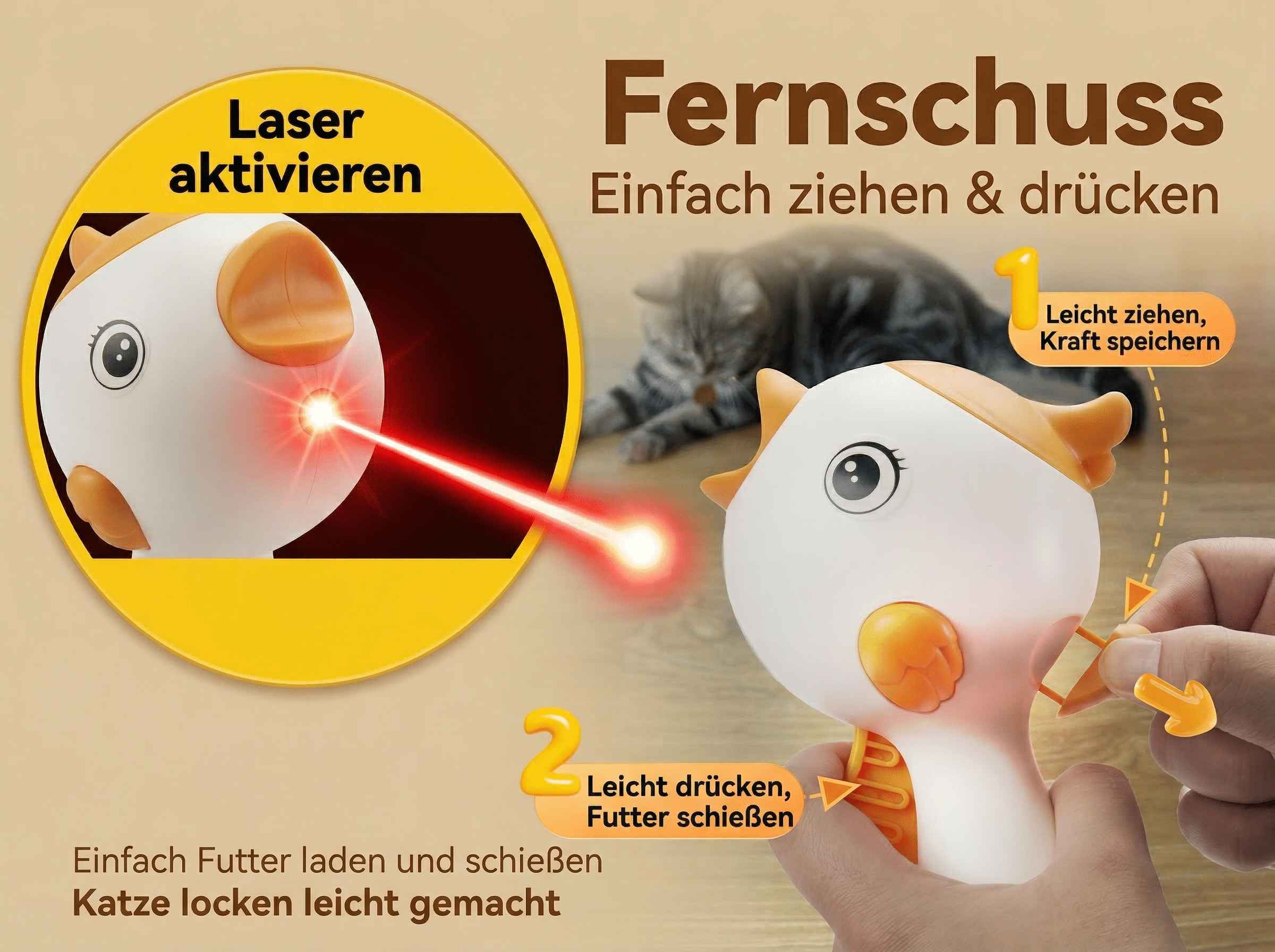 Ein Spielzeug schießt einen roten Laserpunkt. Eine Katze liegt daneben.