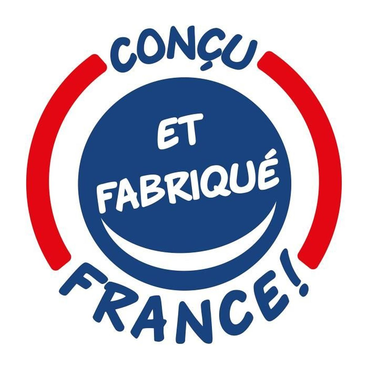 Cerchio blu con bordo rosso, testo 'Conçu et fabriqué en France!'