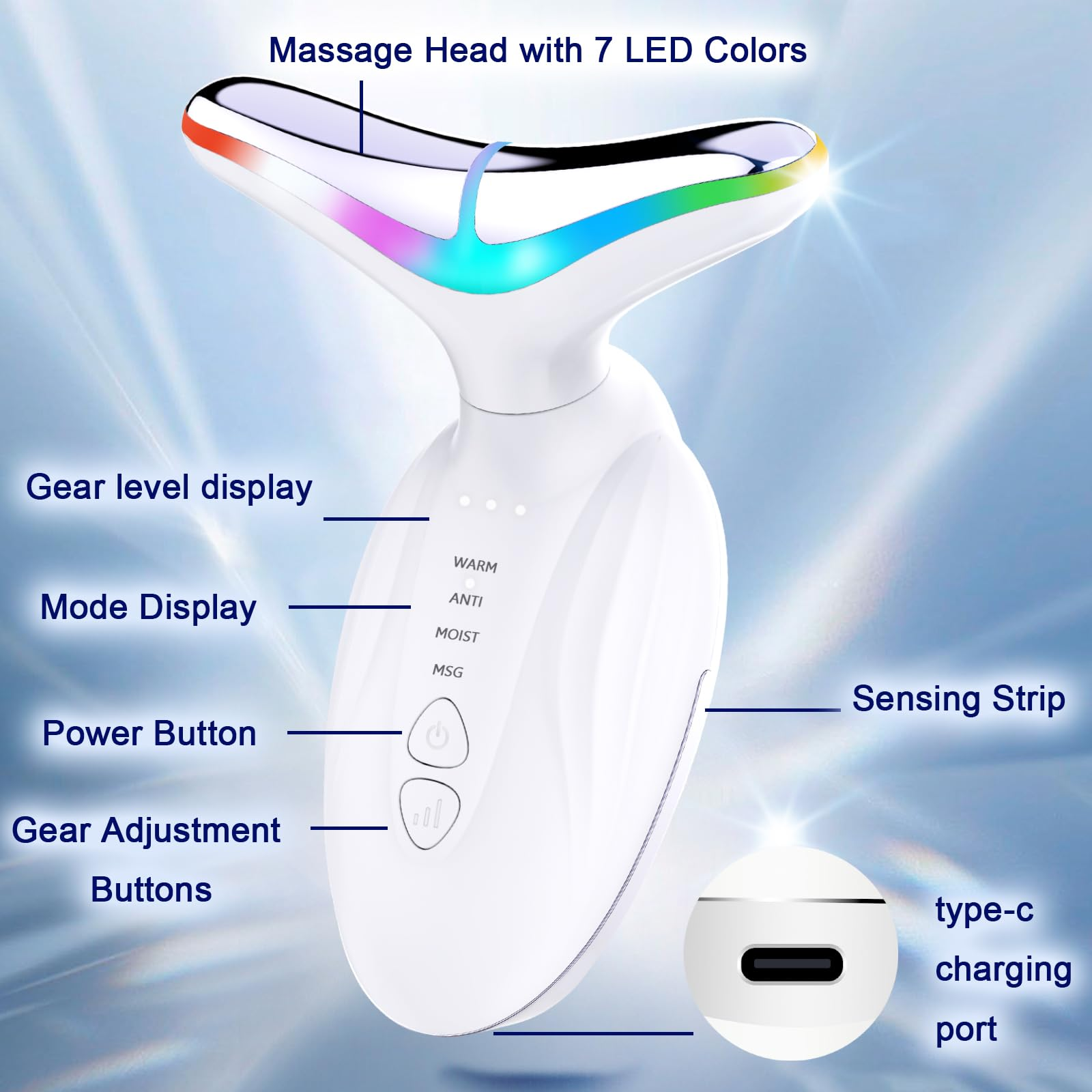 Ein weißes Hautpflegegerät mit einem Massagekopf, der 7 LED-Farben anzeigt.