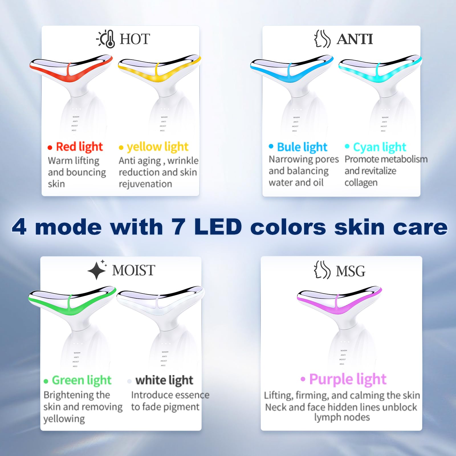 Vier Hautpflegegeräte mit LED-Licht: Rot, Gelb, Blau, Cyan, Grün, Weiß, Lila.