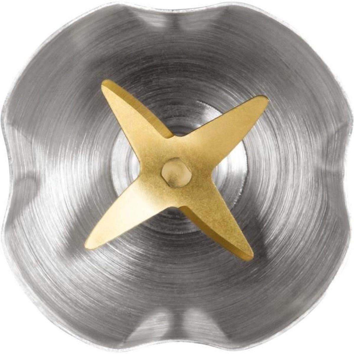 Złoty nóż z czterema ostrzami na szczotkowanej metalowej podstawie.