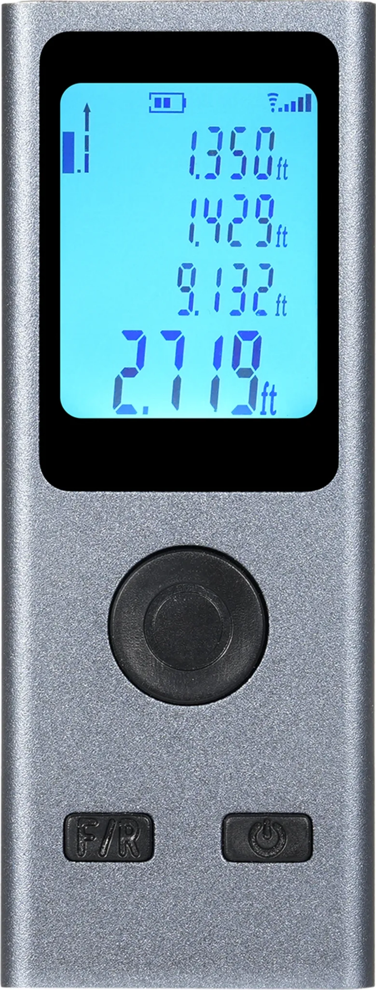 Graues Messgerät mit blauem LCD-Bildschirm, das Messwerte anzeigt.