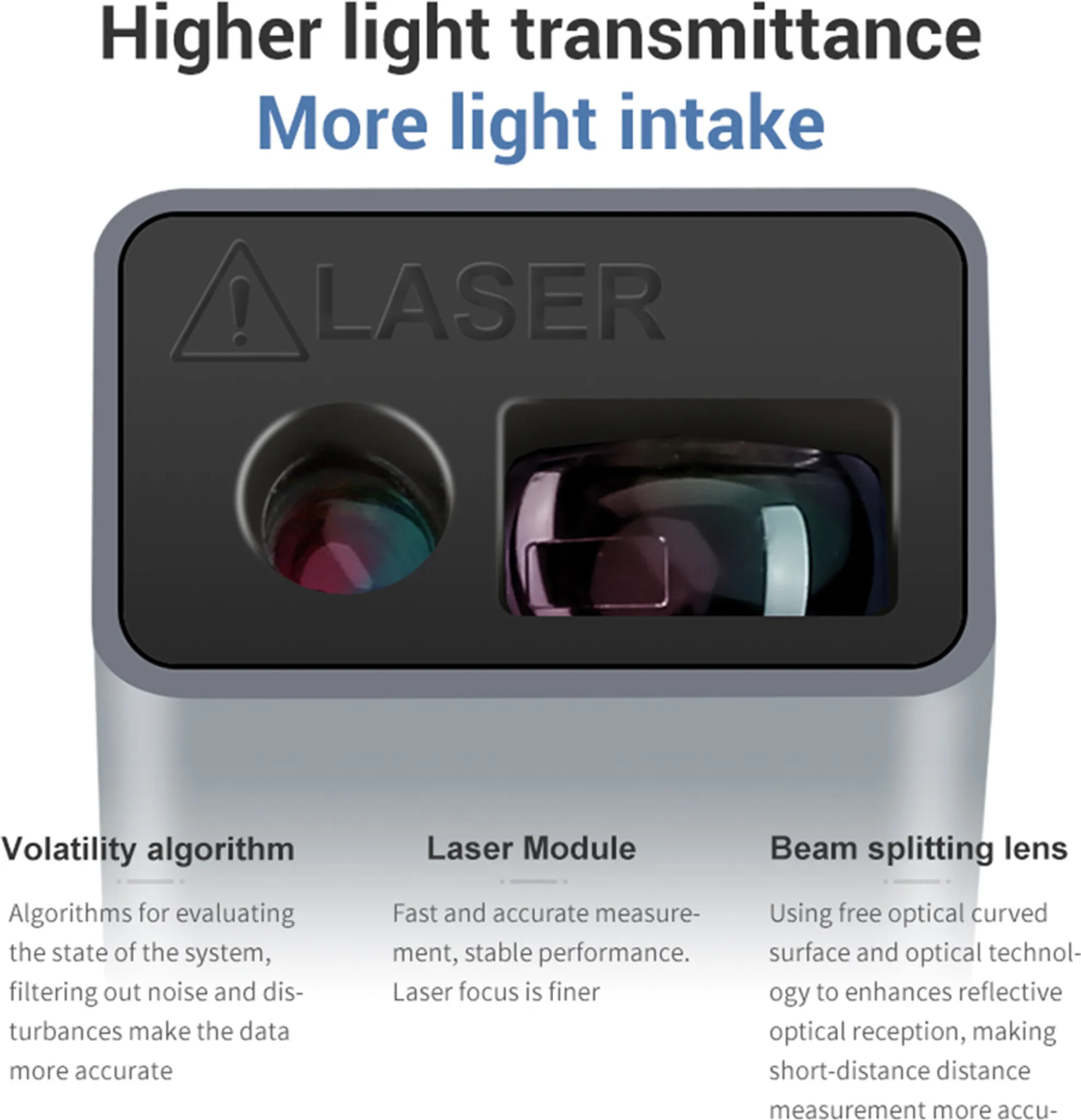 Ein Laser-Modul mit zwei Linsen und Warnsymbol.