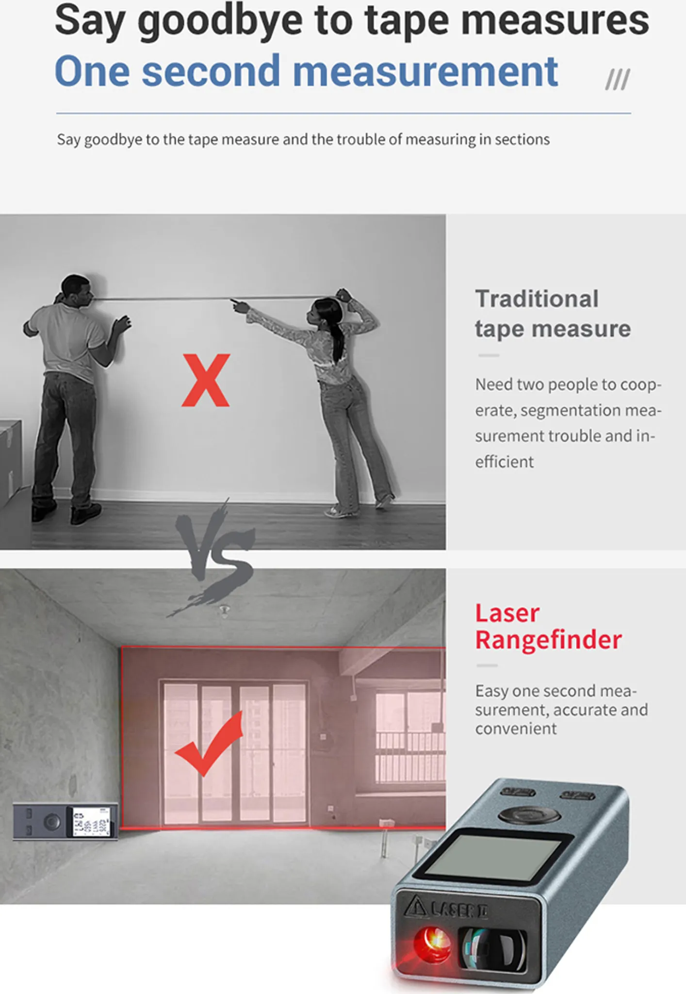 Vergleich von Maßband und Laser-Entfernungsmesser: traditionell vs. modern.