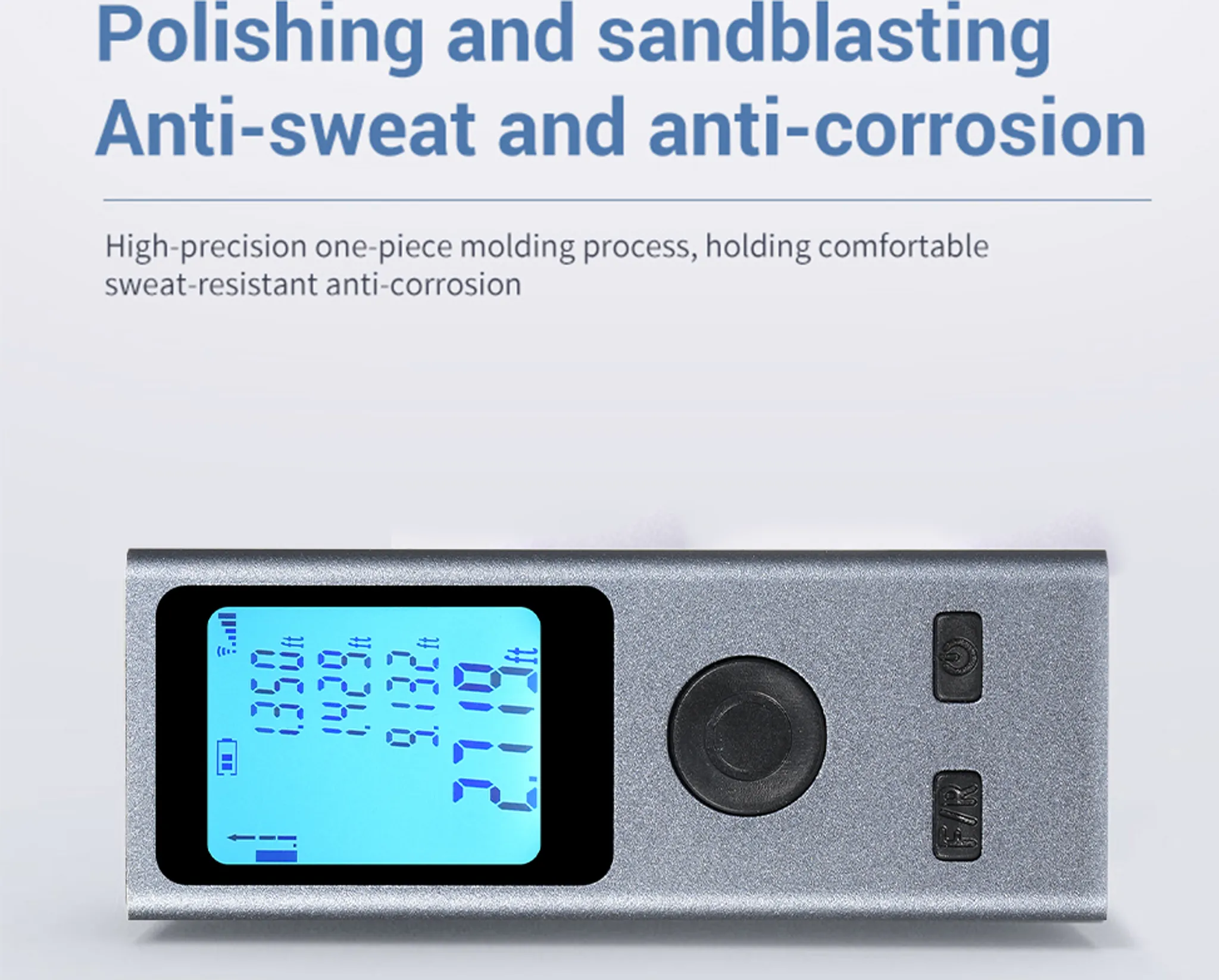 Graues Messgerät mit blauem LCD-Display, das Zahlen und Symbole anzeigt.