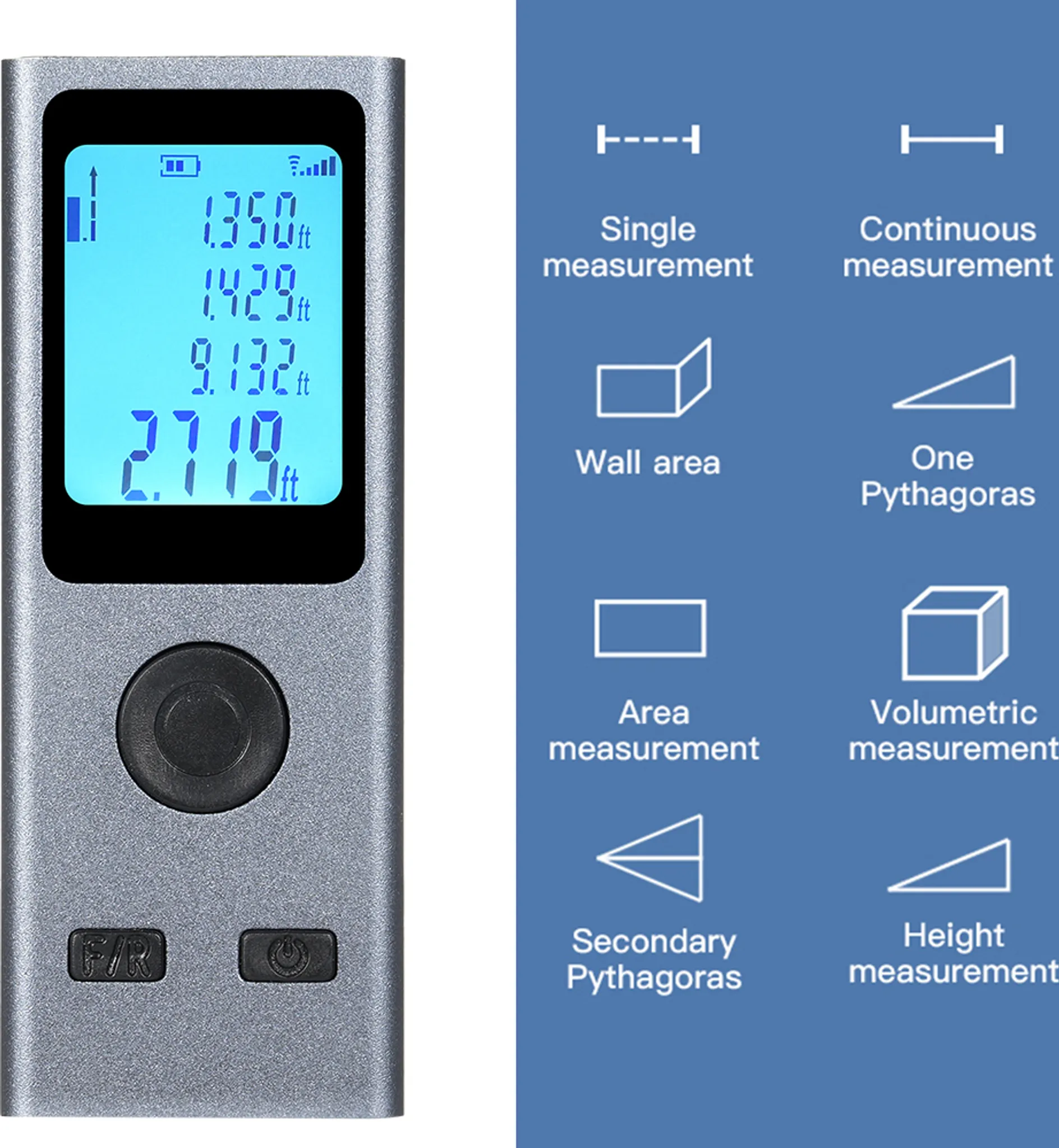 Digitaler Messschieber mit blauem Display zeigt Maße an. Daneben Icons für Messmodi.