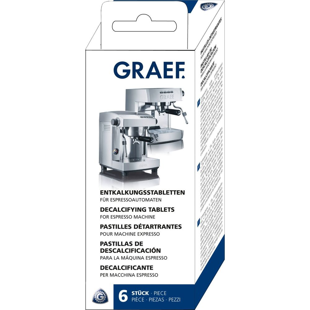 Verpackung mit Graef Siebträgermaschinen und Entkalkungstabletten.