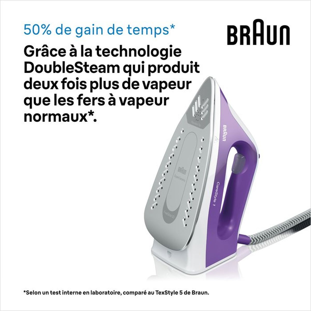 Fioletowe i srebrne żelazko Braun spoczywa na białej podstawie.