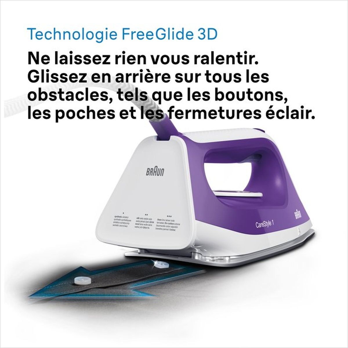 Fioletowo-białe żelazko Braun z technologią FreeGlide 3D na tkaninie.