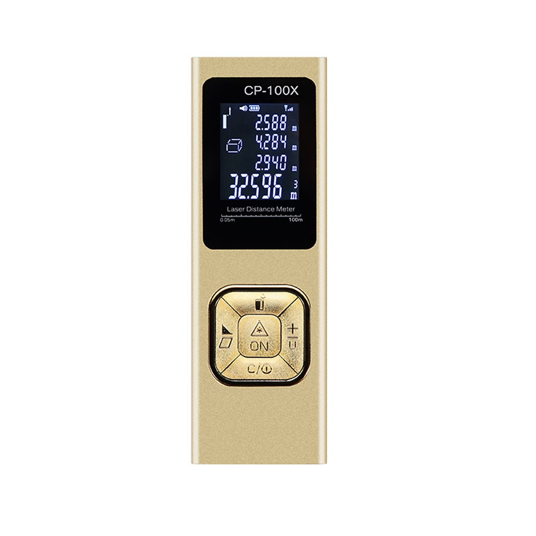Ein goldener Laser-Entfernungsmesser mit digitalem Bildschirm und Bedienelementen.