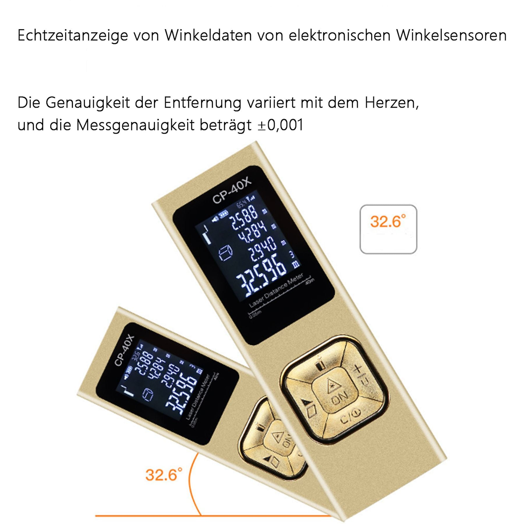 Zwei goldene Laser-Distanzmesser mit digitalen Anzeigen und Bedienelementen.