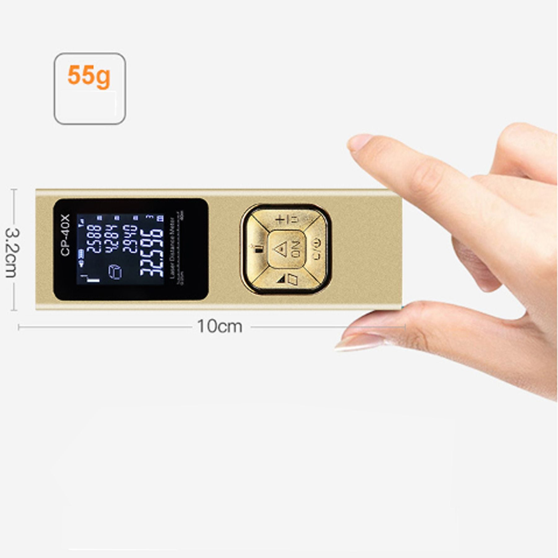 Ein goldener Laser-Entfernungsmesser mit 55g Gewicht und 10cm Länge.