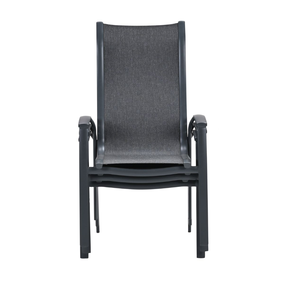 Drie grijze stapelstoelen met donkere stoffen zittingen en metalen frames.