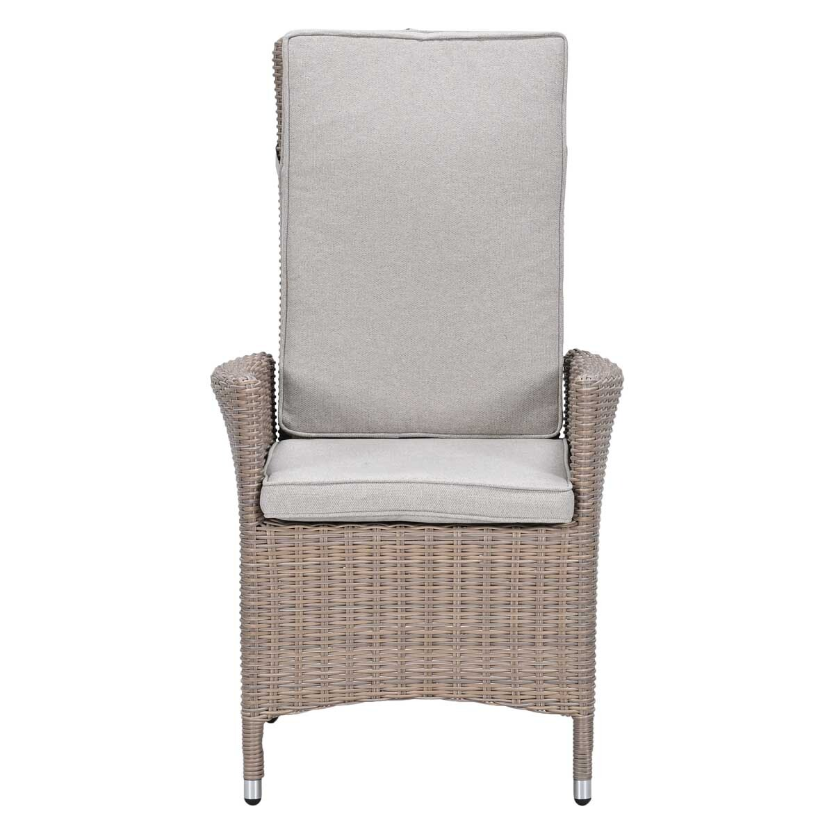 A tall rattan chair with light grey cushions, white background.