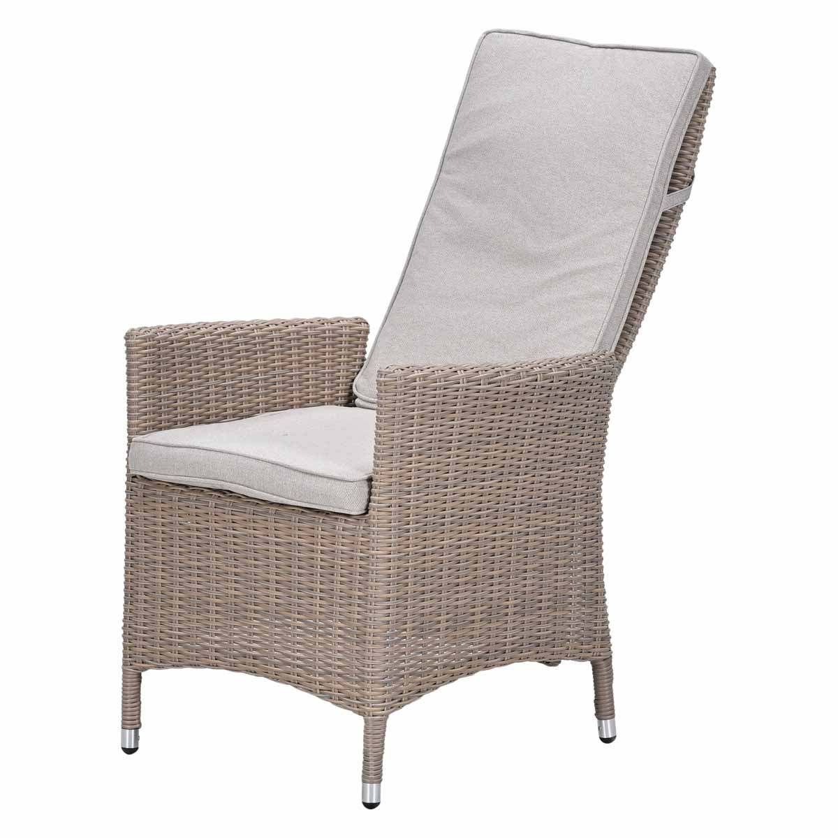 A light rattan armchair with grey cushions. On a white background.