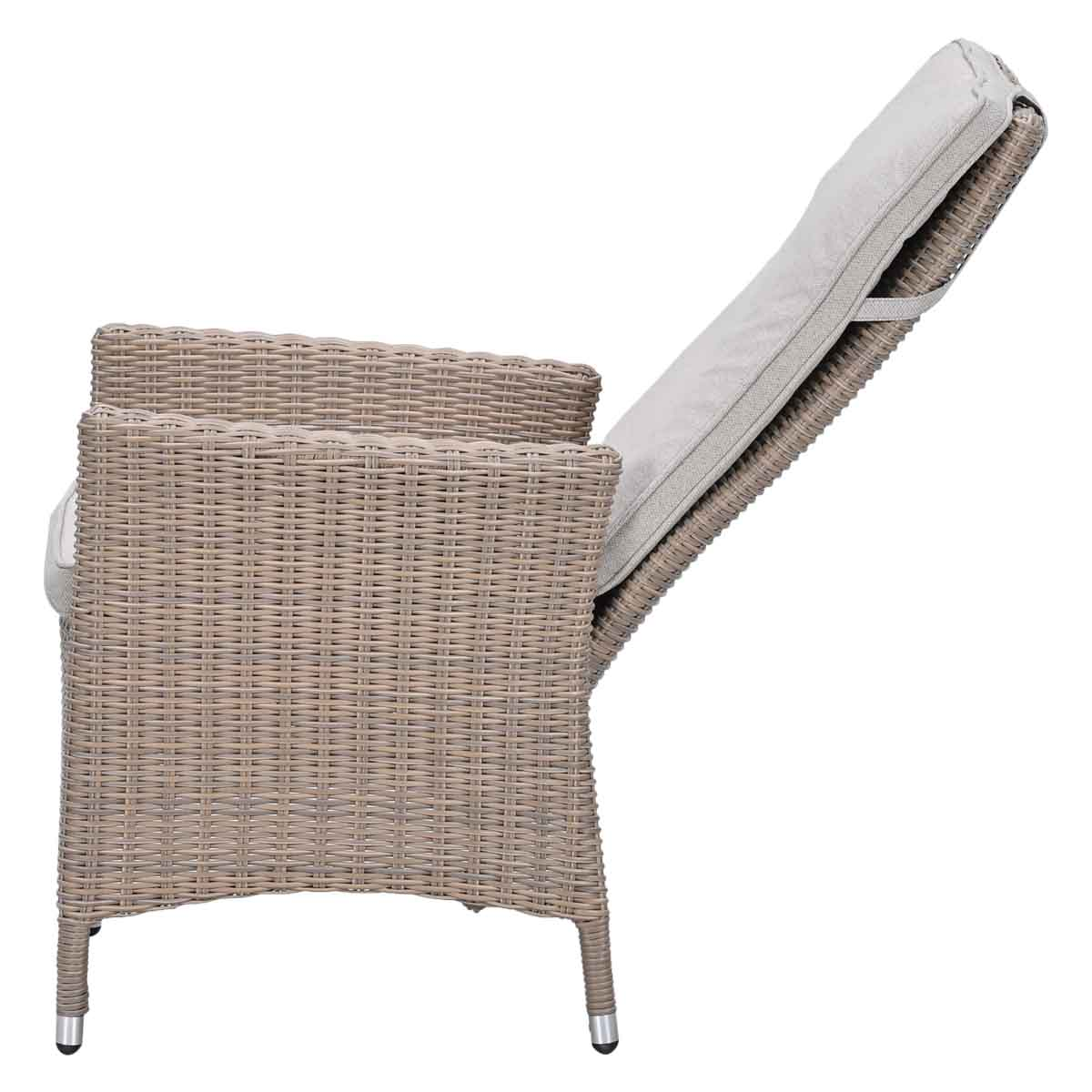 Wicker armchair with beige cushion, shown from the side.