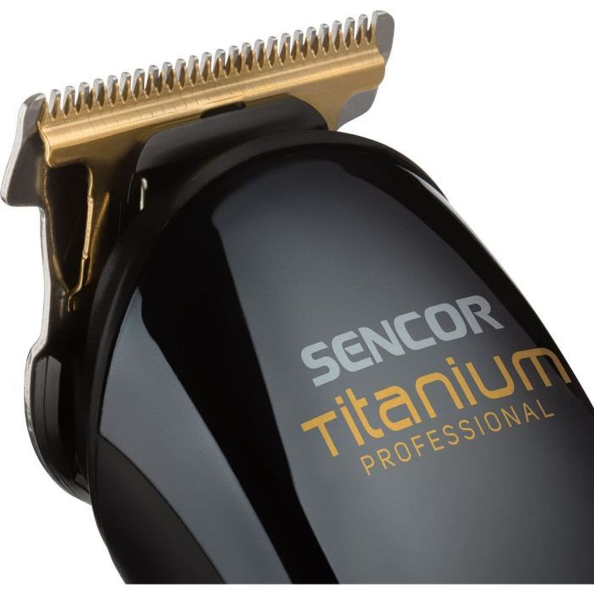 Ein schwarzer Haartrimmer mit goldenem Aufsatz und der Aufschrift SENCOR Titanium.