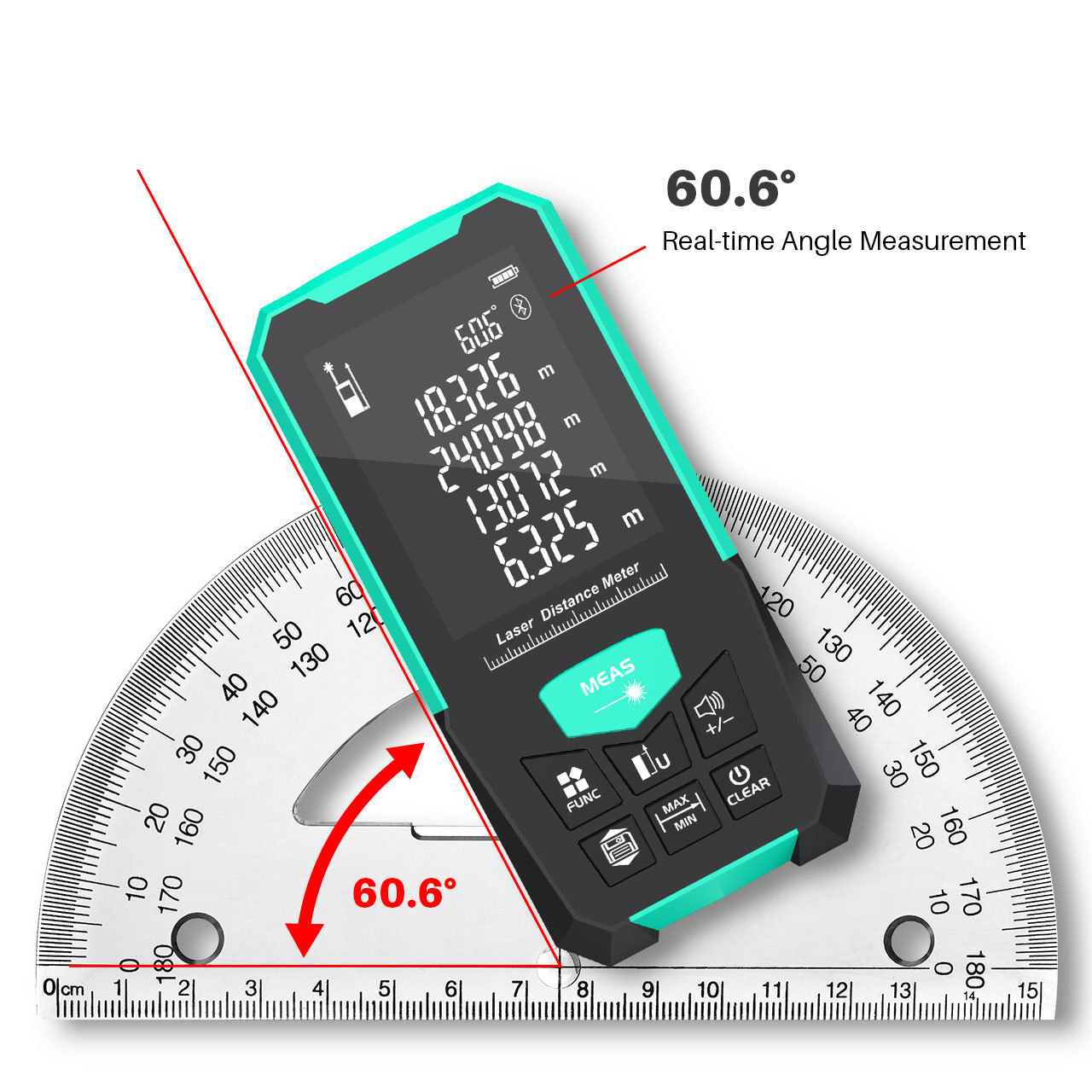 Laser-Entfernungsmesser misst 60,6 Grad auf einem Winkelmesser.