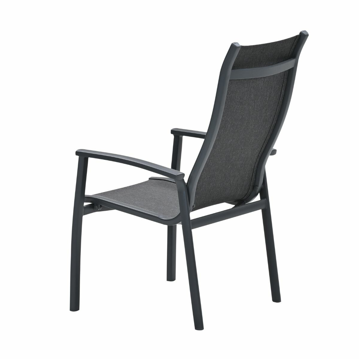 Een donkergrijze buitenstoel met stoffen zitting en rugleuning, en metalen frame.