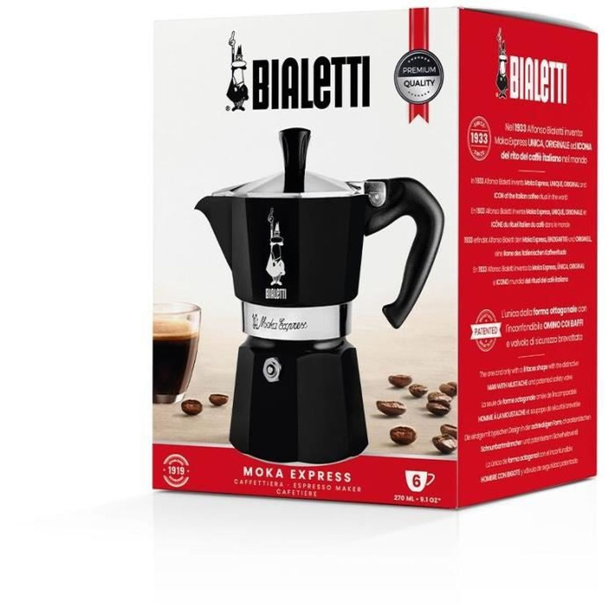 Eine schwarze Bialetti Moka Express Espressokanne mit Kaffeetassen und Bohnen.
